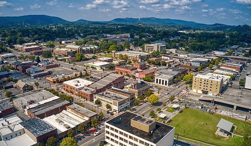 Aerial view of downtown Dalton, Georgia, during summer.