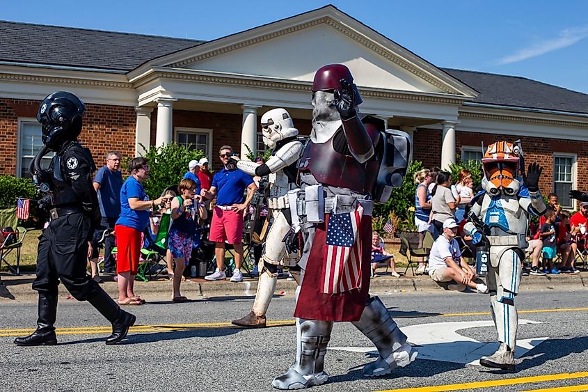 People dressed up in Star Wars costumes at the Fourth of July Parade in Kernersville, North Carolina.
