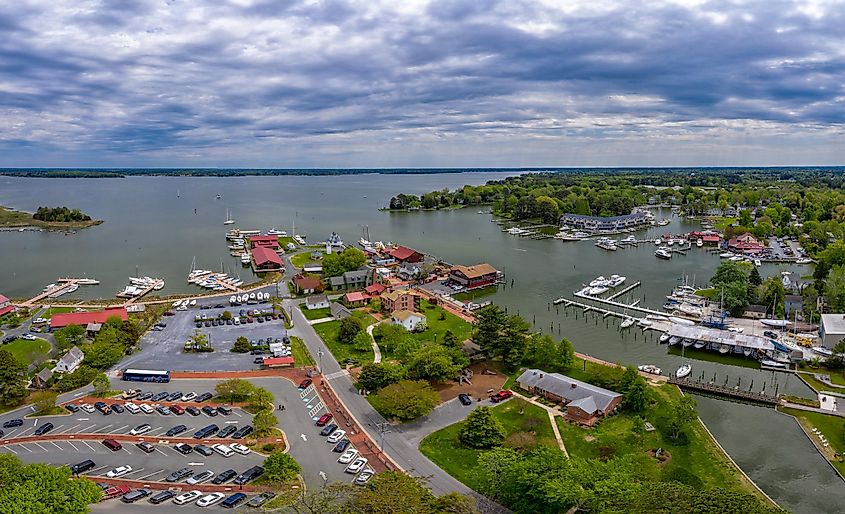 A panoramic aerial view of St. Michaels, Maryland, situated in the Chesapeake Bay region.