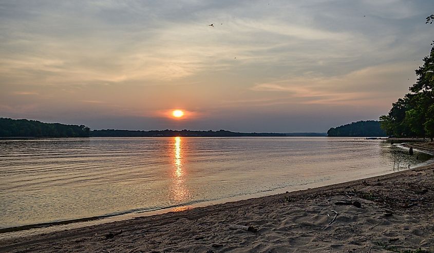 Sunset on Lake Wateree Beach, South Carolina.