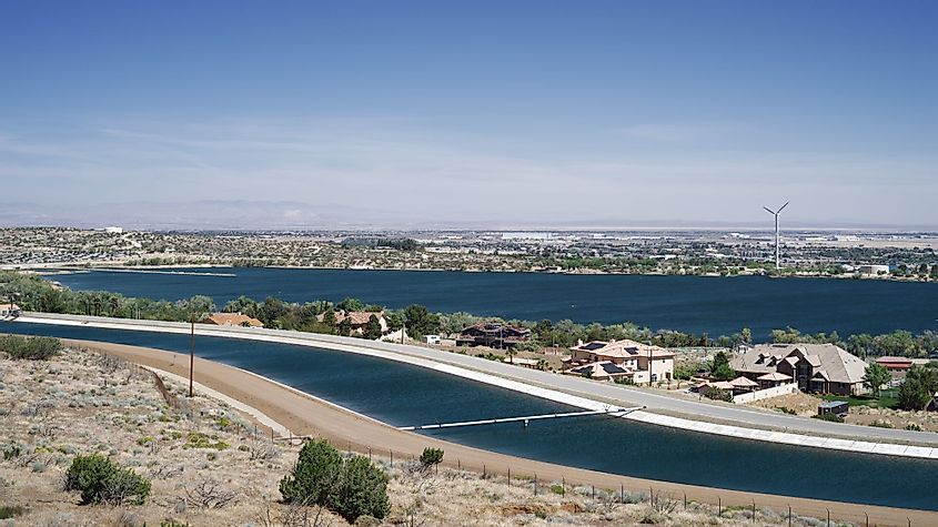 A view of California aqueduct and the artificial Palmdale Lake in Los Angeles County