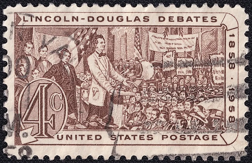 US postage stamp issued in 1958 for the centennial of the Lincoln-Douglas debates (1858-1958). 