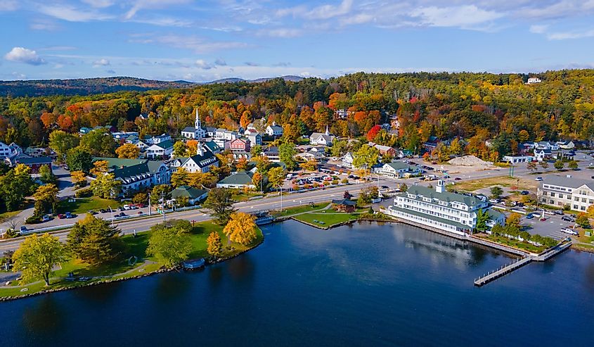 Meredith town center with fall foliage aerial view in fall with Meredith Bay in Lake Winnipesaukee, New Hampshire