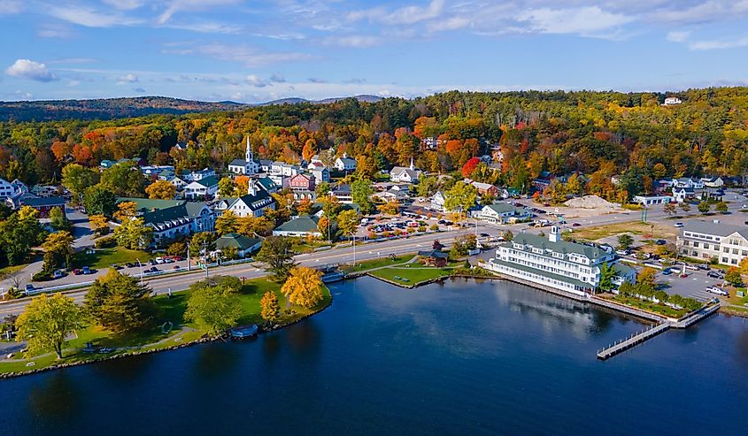 Meredith town center with fall foliage aerial view in fall with Meredith Bay in Lake Winnipesaukee, New Hampshire