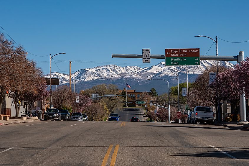 Main street in the small rural town of Blanding, Utah, on a sunny spring day.