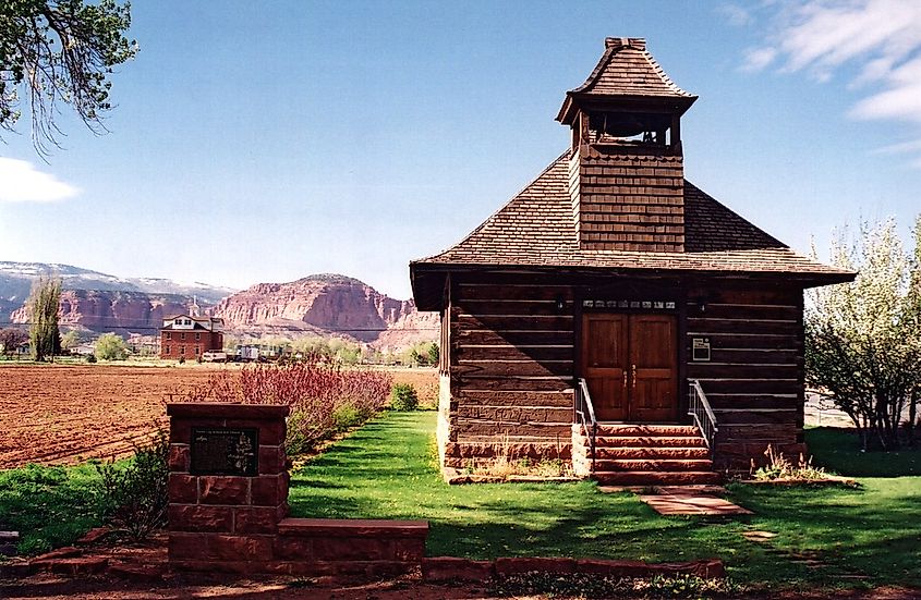 The historic Torrey Log Church-Schoolhouse in Torrey, Utah 