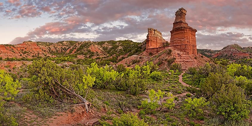 Panorama of Fiery Sunset Over Lighthouse Rock - Palo Duro Canyon State Park - Texas Panhandle