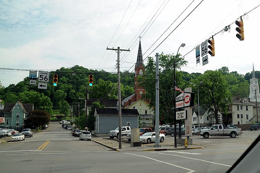 Intersection on the main street in Aurora, Indiana