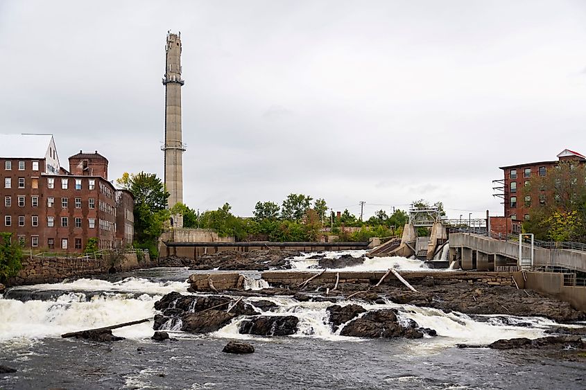 The historic brick pepperell center or former mill building in the town of Biddeford, Maine