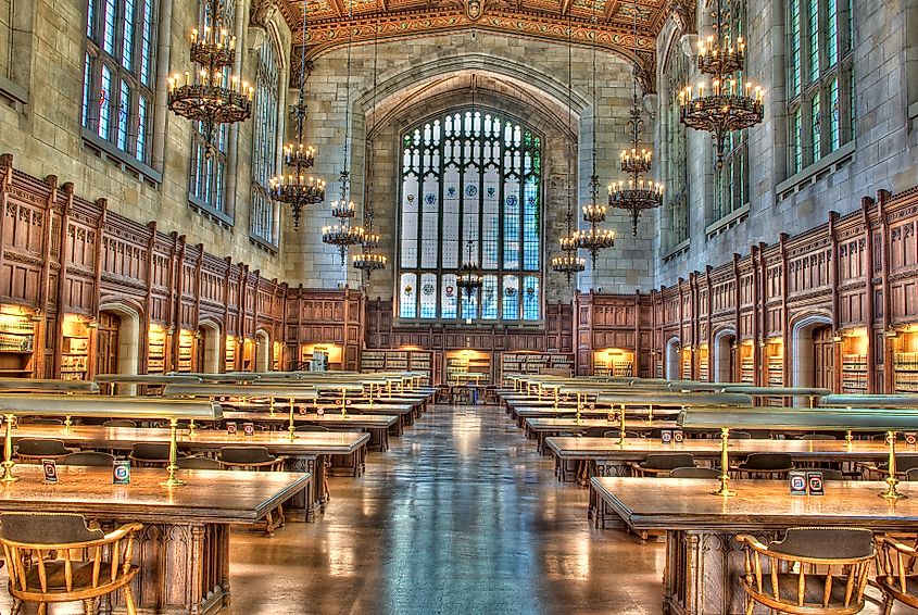 Editorial Photo Credit: Wichai Cheva Photography via Shutterstock. Ann Arbor/Michigan/USA -- November 2009. University of Michigan Law School Library, one of the top-ten most beautiful libraries in the US.