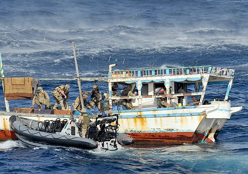 A combined force of NATO led counter-piracy troops intercept a suspected Somali pirated vessel.