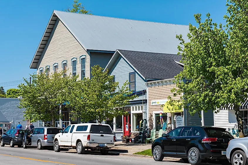 Main street in Leland, Michigan, also known as Fishtown, originally a fishing community, now a tourist destination with restaurants, quaint shops and boutiques.