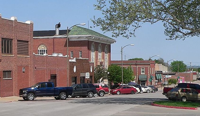 North side of 1st Corso, looking northeast from 9th Street, in Nebraska City, Nebraska.