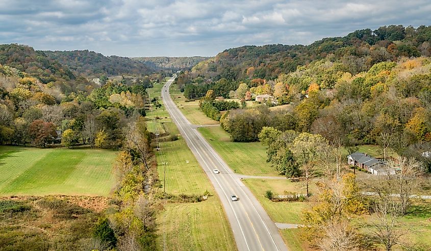 Tennessee highway 96 as seen from Double Arch Bridge at Natchez Trace Parkway near Franklin, Tennessee, fall scenery