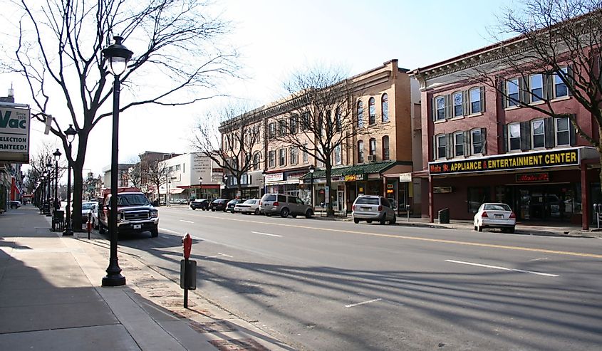 Main Street in Stroudsburg, PA. Image shows street and shops.
