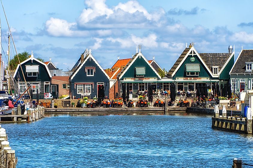 Cafes and restaurants by the waterfront in Marken, The Netherlands