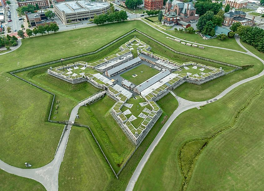 Aerial view of star shaped reconstructed Fort Stanwix in Rome, New York.