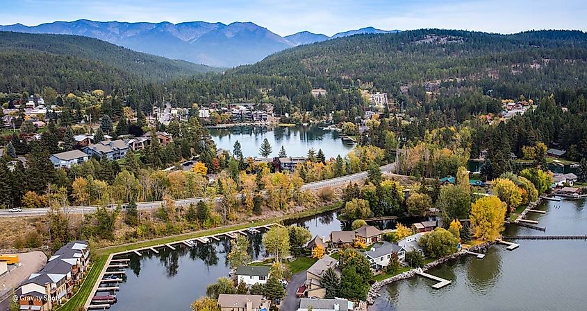 Aerial view of Bigfork, Montana, during fall.