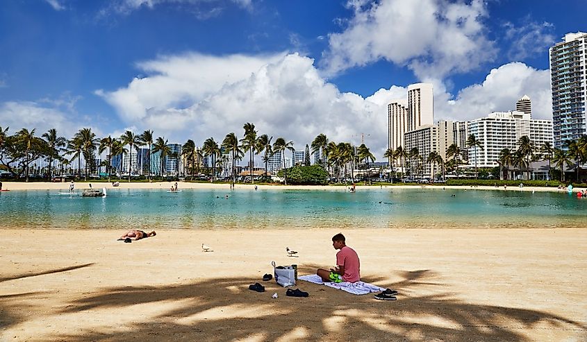 Lagoon and Beach at the Hilton Hawaiian Village in Waikiki, Oahu.