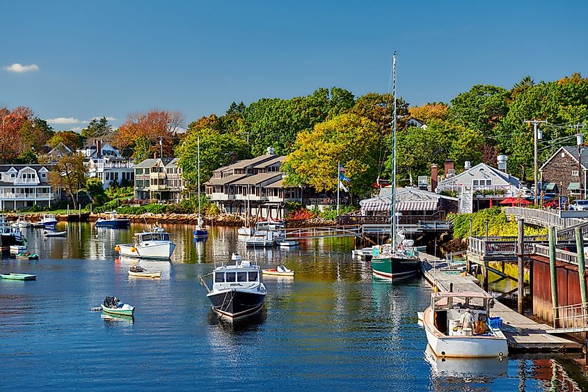 Fishing boats docked in Perkins Cove, Ogunquit, on coast of Maine south of Portland