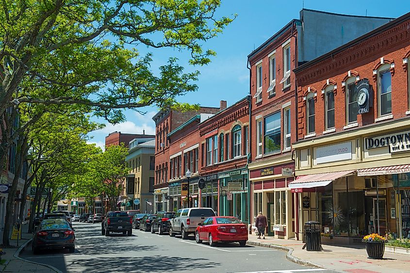 Historic commercial buildings on Main Street in downtown Gloucester, Massachusetts, MA, USA. Editorial credit: Wangkun Jia / Shutterstock.com