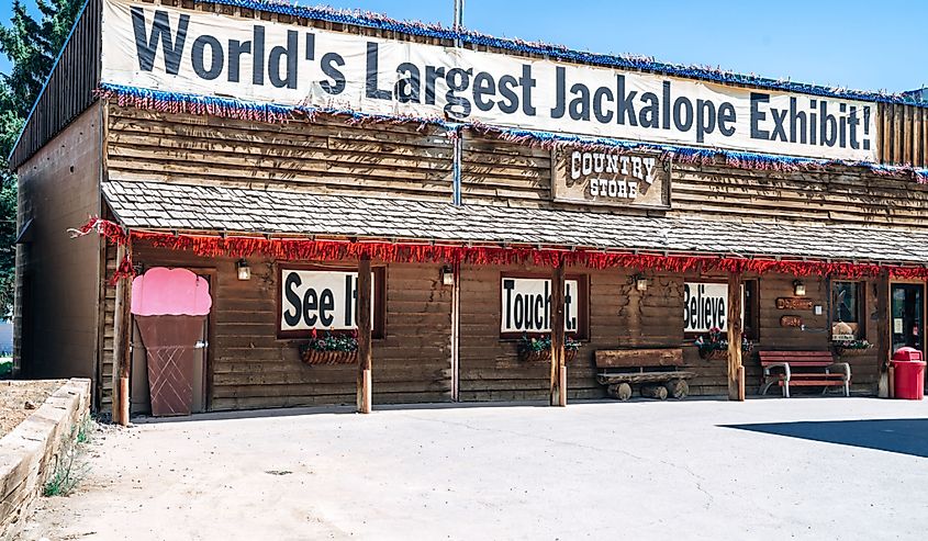 Exterior of the Country Store Travel Stop gas station, with the famous Worlds Largest Jackalope and selling gifts and ice cream, Dubois, Wyoming