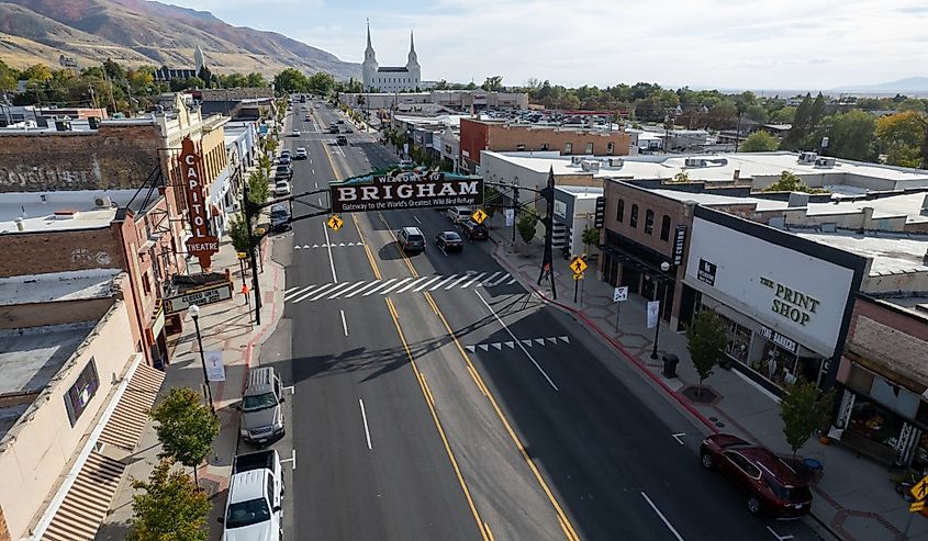 Aerial view of the downtown streets of Brigham City, Utah