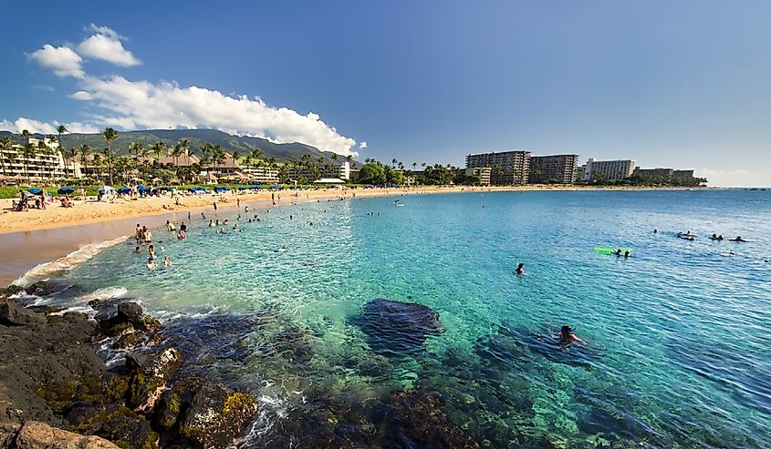 People in the water at Kaanapali Beach, view from Black Rock, Maui, Hawaii