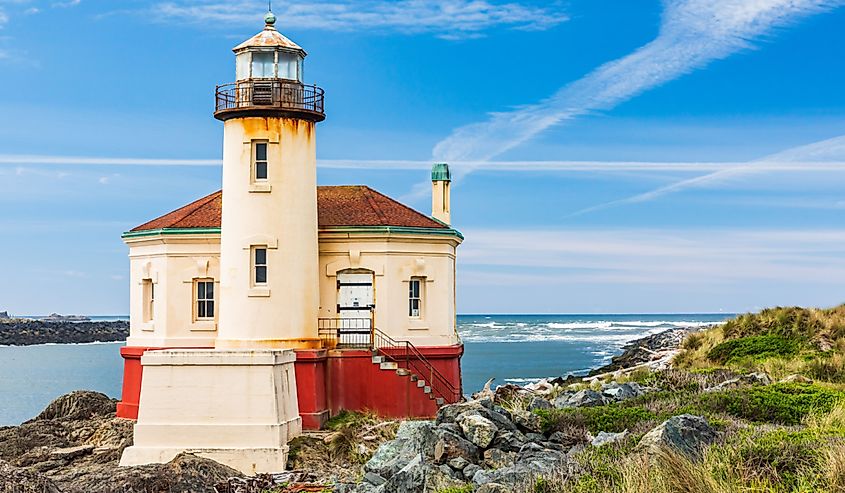 The Coquille River Lighthouse on the Oregon coast.