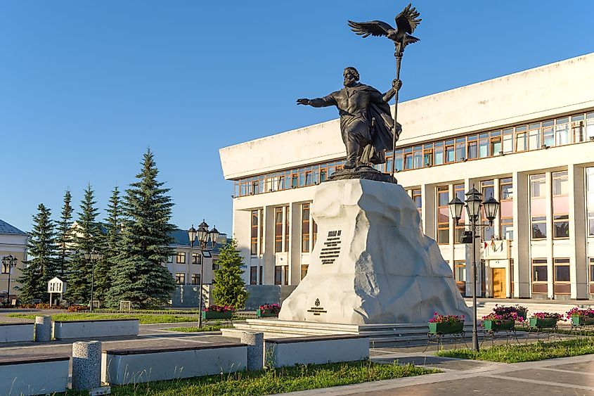 Monument to the Grand Duke of Moscow Ivan III on Stary Torg Square in front of the regional administrative building in Kaluga, Russia