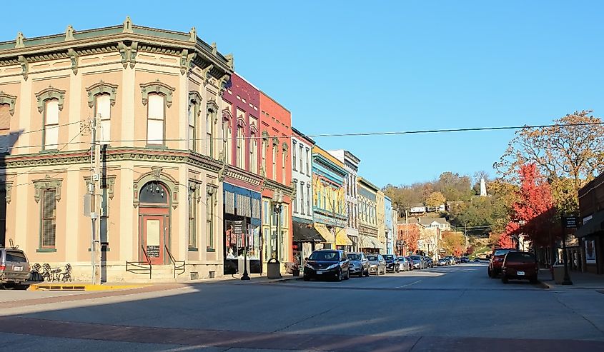 Hannibal, Missouri United States, colorful buildings downtown on a sunny morning