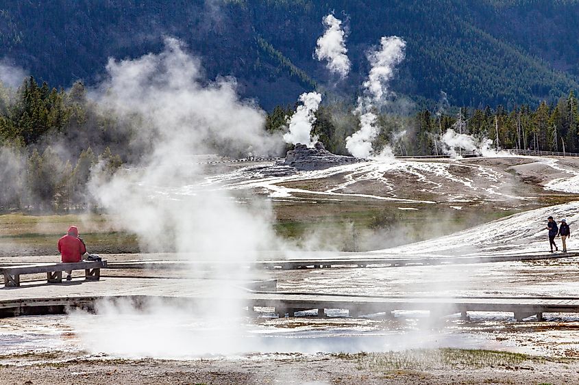 Visitors take in the steaming geothermal features of the Upper Geyser Basin near Old Faithful, Yellowstone National Park.