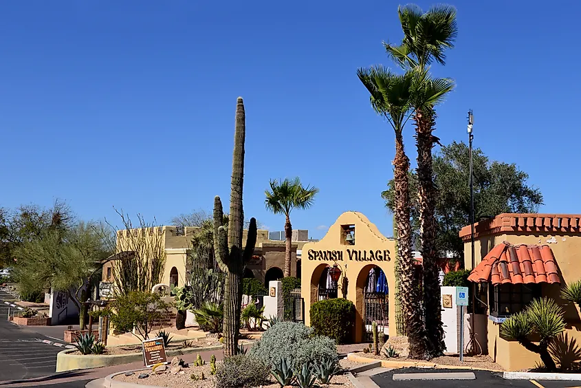 Entrance to the Spanish Village, a period looking shopping area in Carefree, Arizona