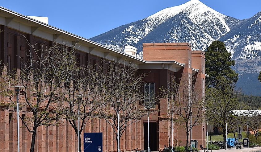 Northern Arizona University Cline Library in Flagstaff Arizona with mountain peaks in background