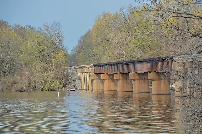 A railroad bridge over Lake Dardanelle reservoir on the Arkansas River in Clarksville, Arkansas.
