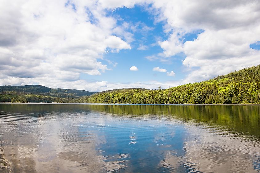 Serene lake with clear reflections of lush green trees and distant hills under a vibrant blue sky, dotted with fluffy white clouds. Peaceful atmosphere.