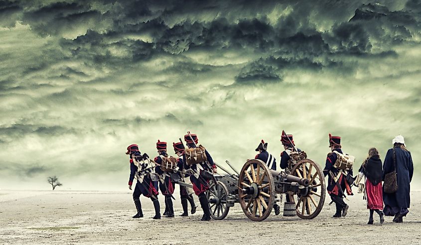 Napoleon soldiers marching in open land with dramatic cloud, The Battle of Austerlitz