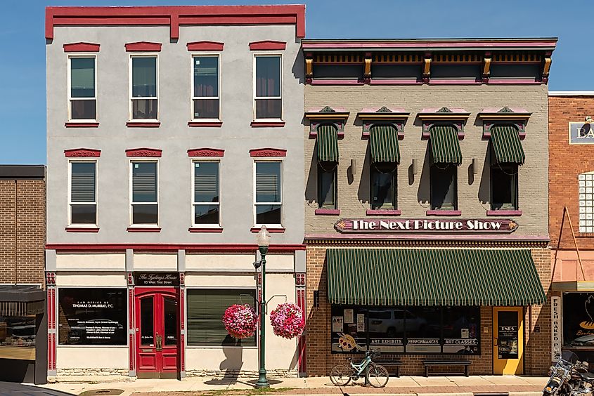 Old building and storefronts in downtown Dixon, Illinois.