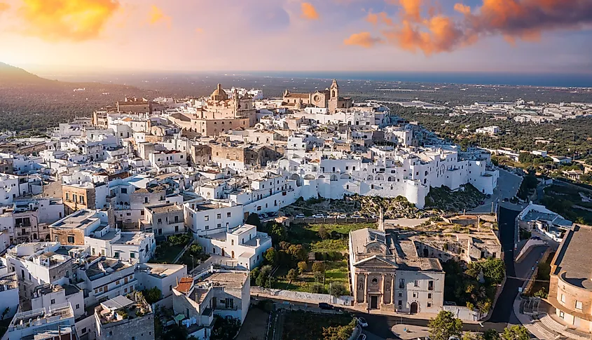 Ostuni white town skyline and church, Brindisi, Italy.