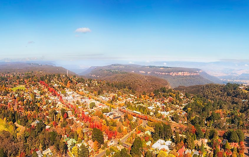 Blackheath mountain town in the Blue Mountains of Australia - aerial panorama in autumn colours.
