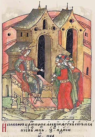 Alexios IV Angelos. Credit: Anonymous Russian manuscript illuminators, 1560-1570s Facial Chronicle (Illustrated Chronicle of Ivan the Terrible) (in 10 volumes: pdf, pdf with translation)Public domain image, Public domain, via Wikimedia Commons