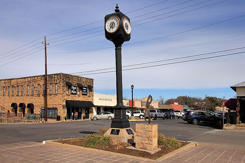 A street clock in downtown Marble Falls, Texas. (Larry D. Moore, CC BY 4.0 <https://creativecommons.org/licenses/by/4.0>, via Wikimedia Commons)