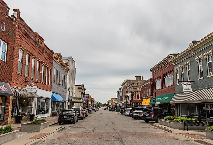 The historic downtown shopping district in Leavenworth, Kansas.