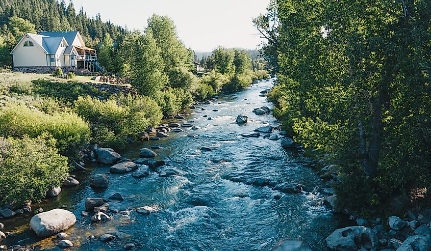 Truckee River flowing in the countryside in Truckee, California.