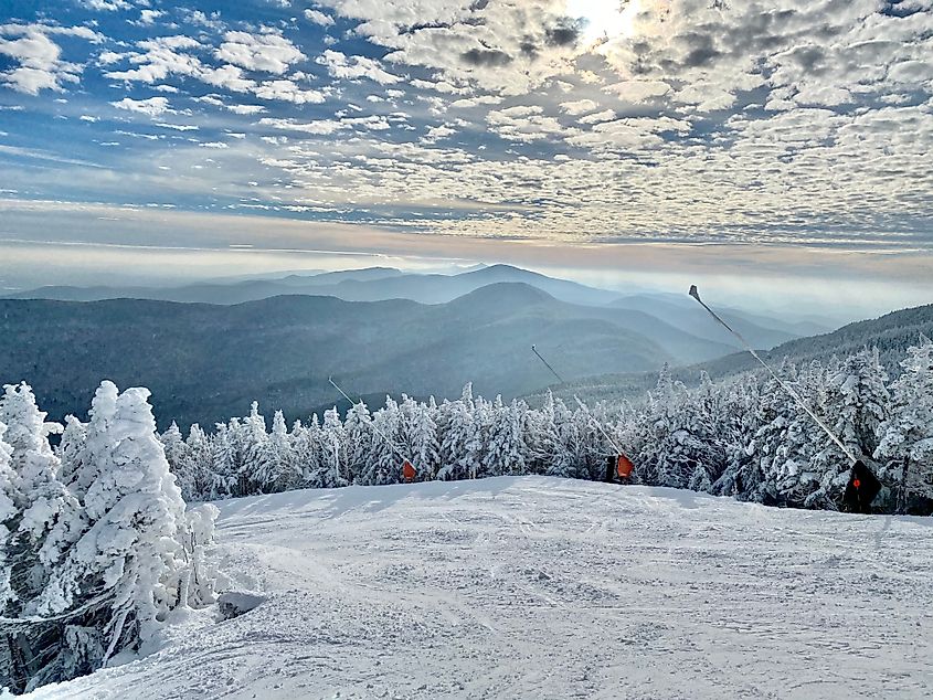Beautiful snow day at the Stowe Mountain Ski resort Vermont.