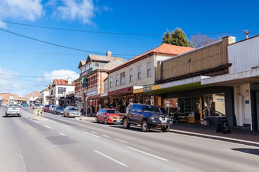 The downtown area of Deloraine, Tasmania, Australia