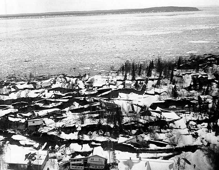 1964 Alaska Earthquake aerial view of destruction in the Anchorage residential area.