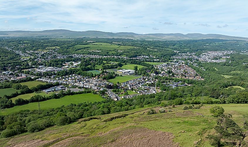 The view from Varteg Mountain of Ystradgynlais and the Brecon Beacons in South Wales.