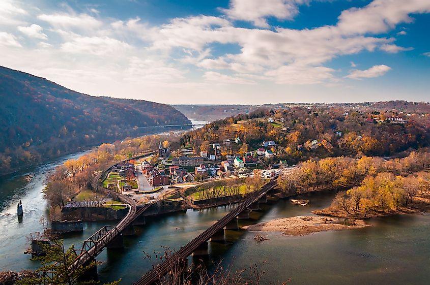 View of Harpers Ferry and Potomac River from Maryland Heights. 
