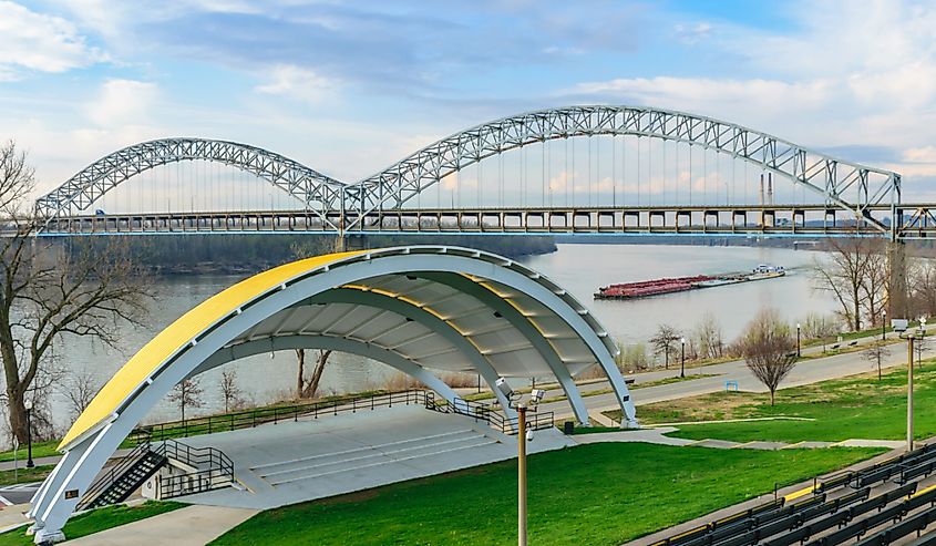 The Sherman Minton Bridge spans the Ohio River between Louisville Kentucky and New Albany, Indiana.